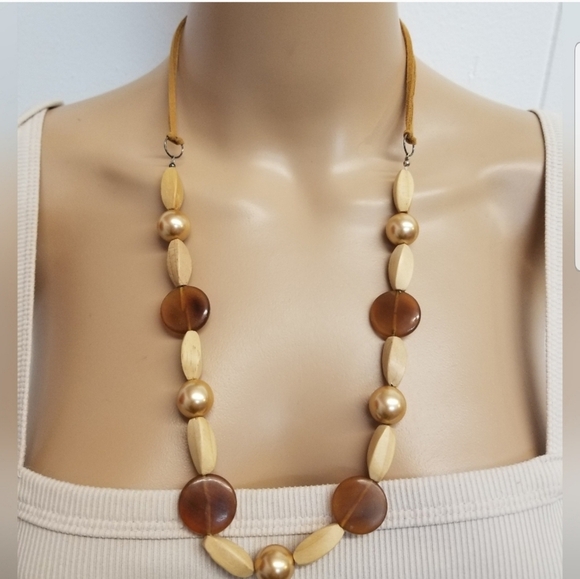 VINTAGE WOOD, FAUX PEARL & DISK BEAD NECKLACE WITH STERLING SILVER HARDWARE - Picture 1 of 6